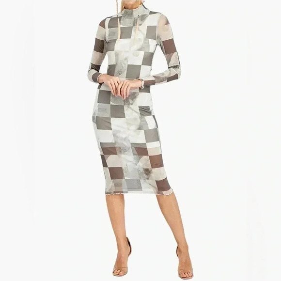Forever 21 Grey Multi Gingham Long Sleeve Midi Dress Size Small - Picture 2 of 11